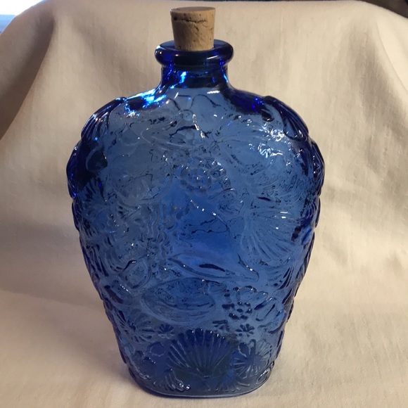 Cobalt Blue Bottle with Sea Shell Design by Libbey Made in Canada - Picture 3 of 10